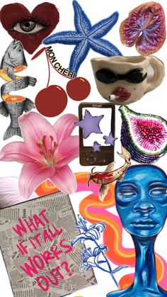 the collage has many different things on it, including an alien head and other items