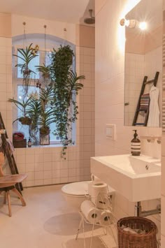 a bathroom with a toilet, sink and plants in the window sill on the wall