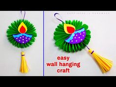 two pictures showing how to make an easy wall hanging craft with paper flowers and tassels