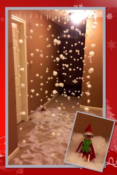 an elf is in the middle of a room with white snow falling from the ceiling