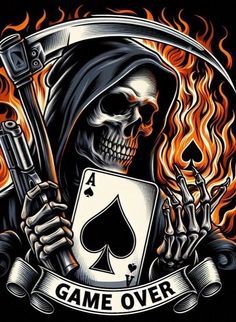 a skeleton holding a card with flames around it and the words game over written on it