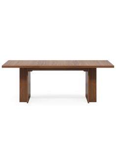 a wooden table with two legs and a long rectangular top, against a white background