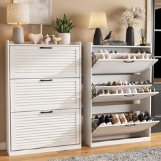 a white shoe rack with several pairs of shoes on it next to a dresser and lamp