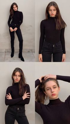 four photos of a woman in black clothing posing for the camera, with her hands on her head