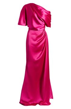 Crafted from lustrous satin, this glamorous gown is designed in a shoulder-baring silhouette with a pooling side-vented skirt. 33" to 61" length (size 8) Lined One-shoulder neck Elbow-length sleeves 100% polyester Dry clean Imported Black Owned/Founded Amsale Dress, Summer Gowns, Red Outfits, Column Skirt, One Shoulder Gown, Mauve Dress, Oversized Dress, Satin Gown, Fuchsia Color