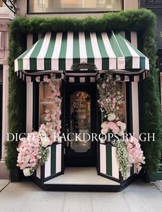 a storefront with flowers and greenery on the front