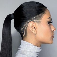 Sleek Pony with Shaved Sides Colorful Undercut Designs, Simple Undercut Designs For Women, Womens Shaved Sides Haircut, Shaved Side Haircut, Undercut Ponytail, Side Haircut, Shaved Design, Shaved Designs