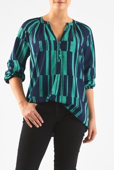 A banded, split neckline tops our graphic print crepe top detailed with a ruched neckline and short rouleau-button front closure. Check Tops, Fall Tops, Chic Tops, Crepe Top, Wardrobe Inspiration, Elbow Sleeve, Work Wardrobe