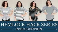 the hemlock hack series includes three women in striped shirts and black jeans, with their hands on their hips