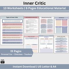 Inner Critic therapy resources, rooted in CBT, empower you to silence your inner critic, boost self-esteem, and foster self-compassion. Counseling office therapy  resources Cbt Therapy Worksheets, Cbt Worksheets, Cbt Therapy, Self Esteem Worksheets, Counseling Office, Therapy Resources, Child Therapy, Inner Critic, Therapy Worksheets