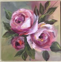 an oil painting of three pink roses