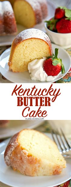 two pictures of a bundt cake with strawberries on the side