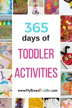 the cover of 365 days of toddler activities, with pictures of toys and crafts