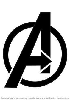 the avengers logo in black and white with an arrow pointing to it's right