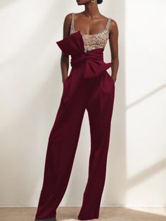 Women Black Sequin Spaghetti Square Neck Bow Jumpsuit Summer Party Jumpsuit With High-waisted Pants, Elegant Stretch Pantsuit For Parties, Chic Fitted Jumpsuit For Banquet, Elegant High-waisted Stretch Strapless Jumpsuit, Party Strapless Stretch Jumpsuit With Wide Leg, Party Strapless Stretch Wide Leg Jumpsuit, Party Strapless Wide Leg Stretch Jumpsuit, Elegant Sleeveless Jumpsuits And Rompers For Banquet, Summer Party Pantsuit With High-waisted Pants