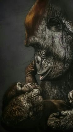 an image of a gorilla holding its baby