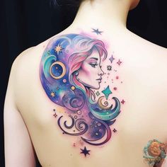 the back of a woman's shoulder with an abstract tattoo design on it and stars around