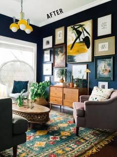 a living room filled with furniture and pictures on the wall