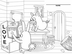 the cartoon pig is playing with his friend in the room coloring page for kids and adults