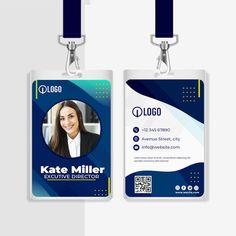 two id cards with lanyards attached to each other, one is blue and the other is white