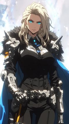 an anime character with blonde hair and blue eyes wearing black armor, standing in front of clouds