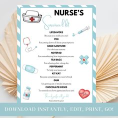 the nurse's survival kit is displayed on top of a table with paper fans