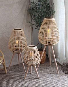 three wicker lamps sitting next to each other on top of a carpeted floor