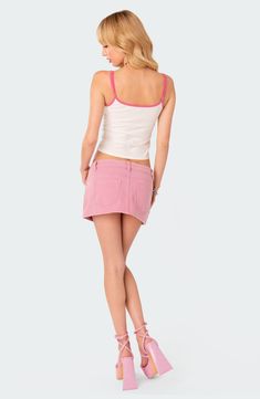 An on-trend low-rise cut defines this nonstretch-denim miniskirt cast in a playful pink hue. 100% cotton Machine wash, dry flat Imported Denim Miniskirt, Low Rise Pants, Micro Skirt, Swimwear Dress, Denim Fabric, S Models, Model Height, Set Dress, Denim Skirt