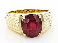 5.95ct Oval Red Mahaleo® Ruby Solitaire 10k Yellow Gold Men's Ring. Measures approximately .39"Lx .47"W. Oval Ruby Ring Design, Lana Halloween, Ring Design For Men, Ruby Ring Designs, Mens Ruby Ring, Descendants Dr, Stone Ring Design, Mens Ring Designs, Yellow Gold Mens Rings