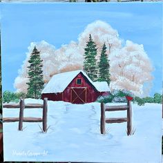 a painting of a red barn in the snow