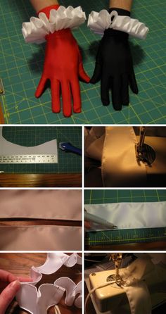 several pictures showing how to make ruffled gloves