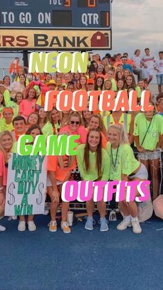 a group of people standing next to each other in front of a sign that says neon football game outfits