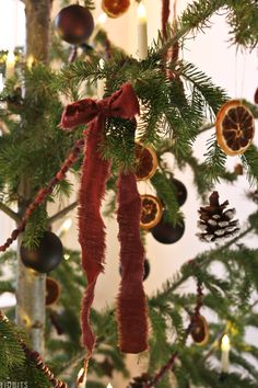 a christmas tree with ornaments hanging from it