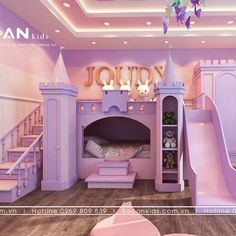 a child's bedroom decorated in pink and purple with a princess castle bed, bookcases, stairs and toys