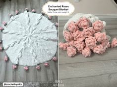 there is a pile of pink crocheted flowers on the floor next to a round rug