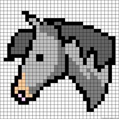 a cross stitch pattern with a dog's head in grey and black, on a white background