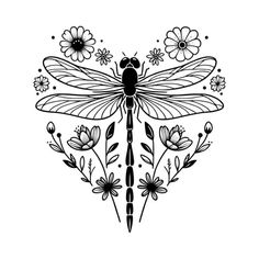 a black and white drawing of a dragonfly with flowers