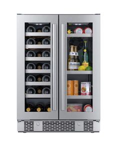 two stainless steel refrigerators are open with beverages inside and on the doors, one is empty