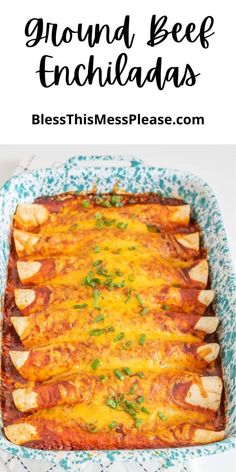 a casserole dish with meat and cheese in it on a blue and white plate