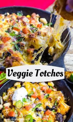 a skillet filled with veggie totches and cheese