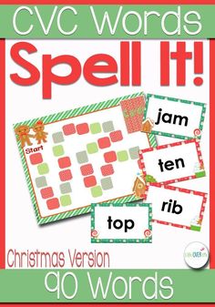 christmas themed spelling game with words that spell it and spell it in red, green and white