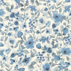 blue flowers and leaves are on a white background with gray, purple, and green accents