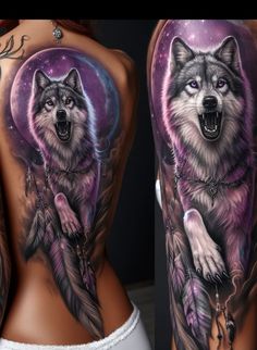 a woman's back with wolf tattoos on it