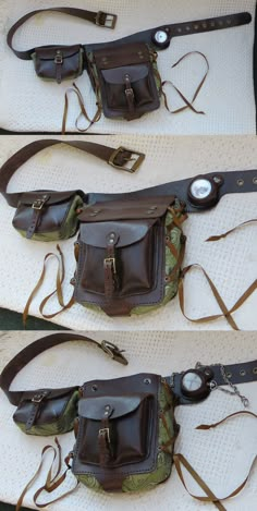 three pictures of different types of leather purses with straps and buckles on them