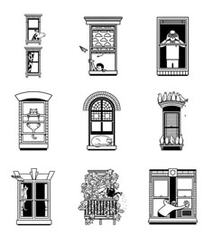 six different types of windows in black and white, each with an image of the same window