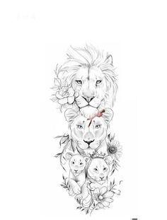 a drawing of a lion surrounded by other animals and flowers on a white paper background