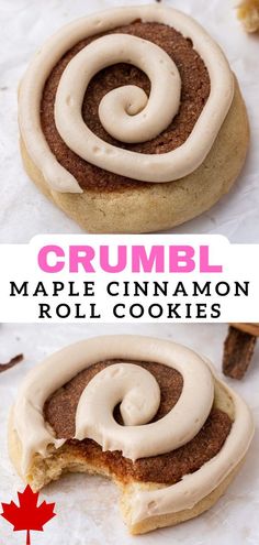 a cinnamon roll with cream frosting on top and the words crumbl next to it