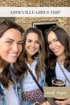 three beautiful young women standing next to each other holding drinks in their hands and smiling at the camera