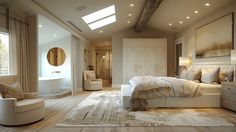 a large bedroom with white furniture and wood floors