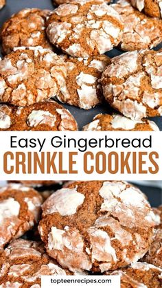 easy gingerbread crinkle cookies with white powdered sugar on top and bottom